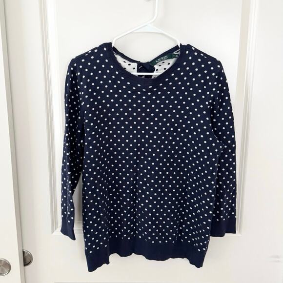 Lauren Ralph Lauren Modal Polka Dot Bow Back Sweater Blue White Medium - Picture 1 of 5